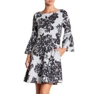Vince Camuto Floral Ponte Knit Bell Sleeve Fit Flare Dress